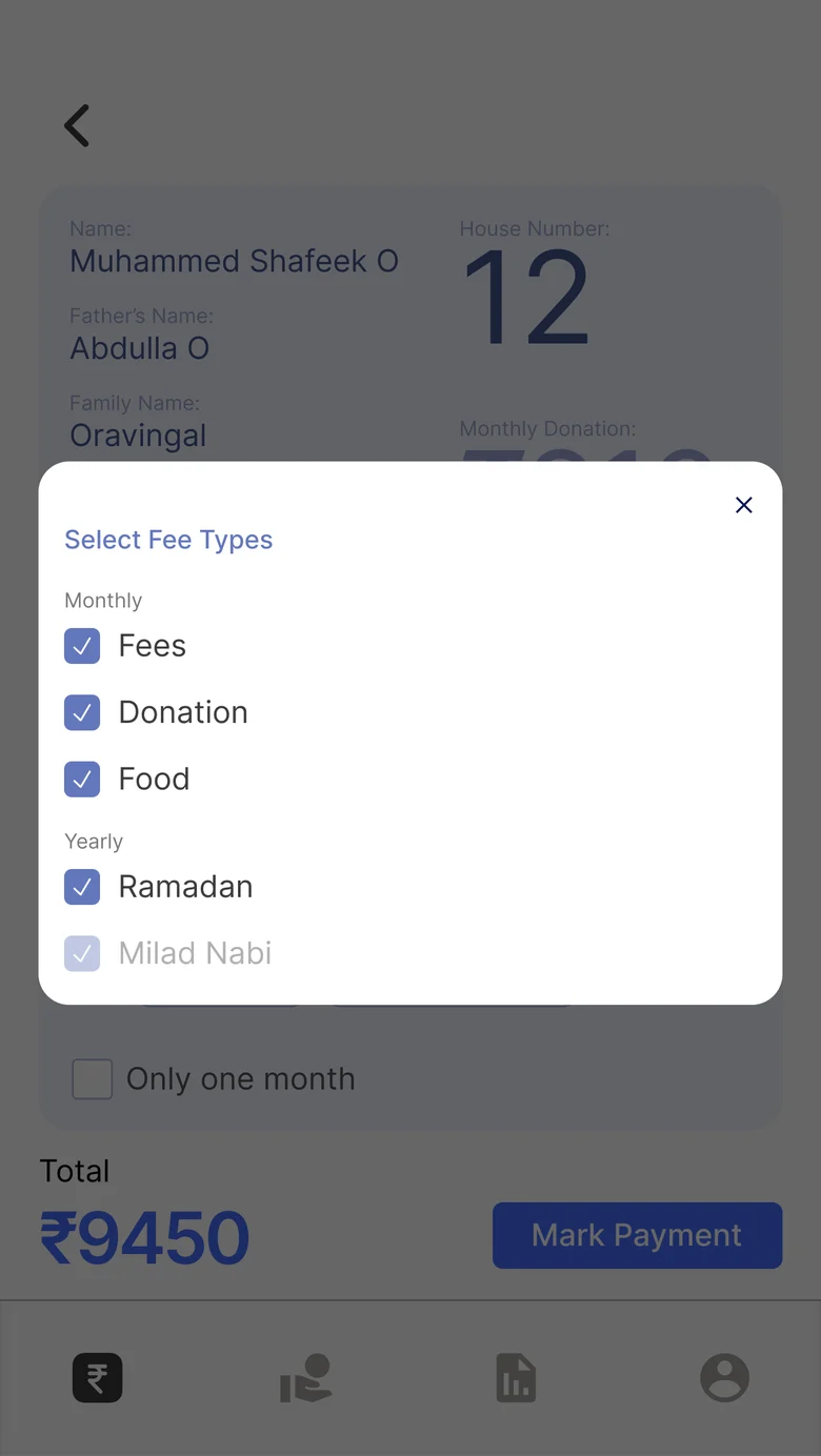 Choosing fee types: fees, donation, food, Ramadan
