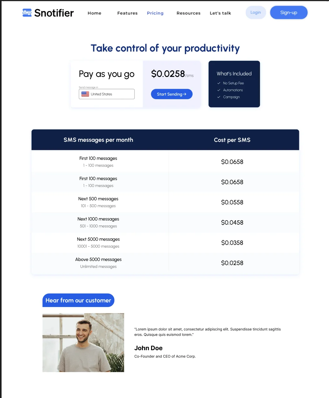 My design: the price per message at the top, what's included beside it