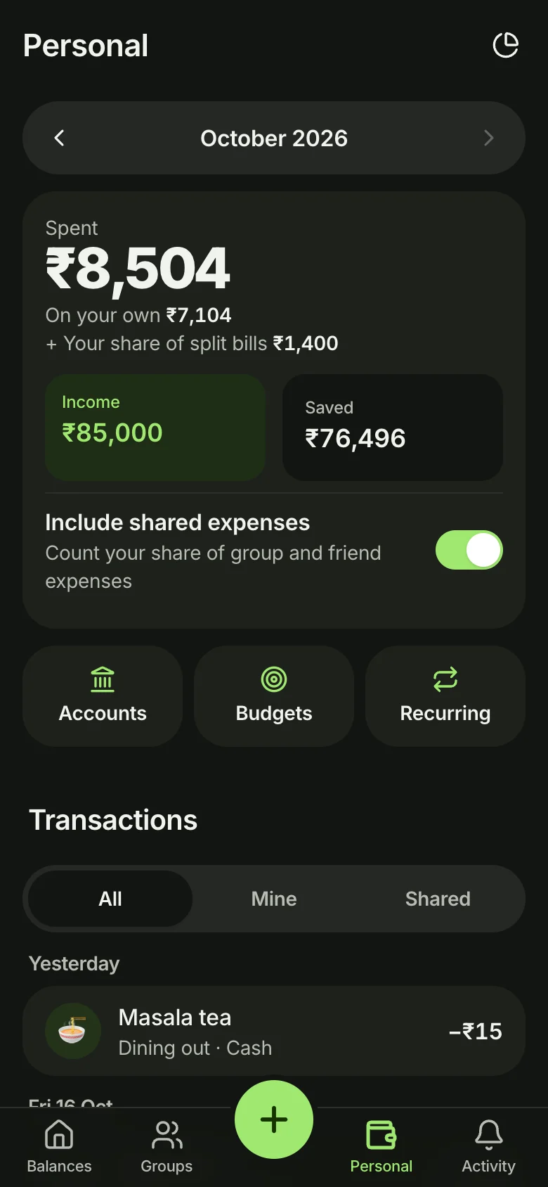 October: ₹8,504 spent, ₹7,104 on your own and ₹1,400 from split bills