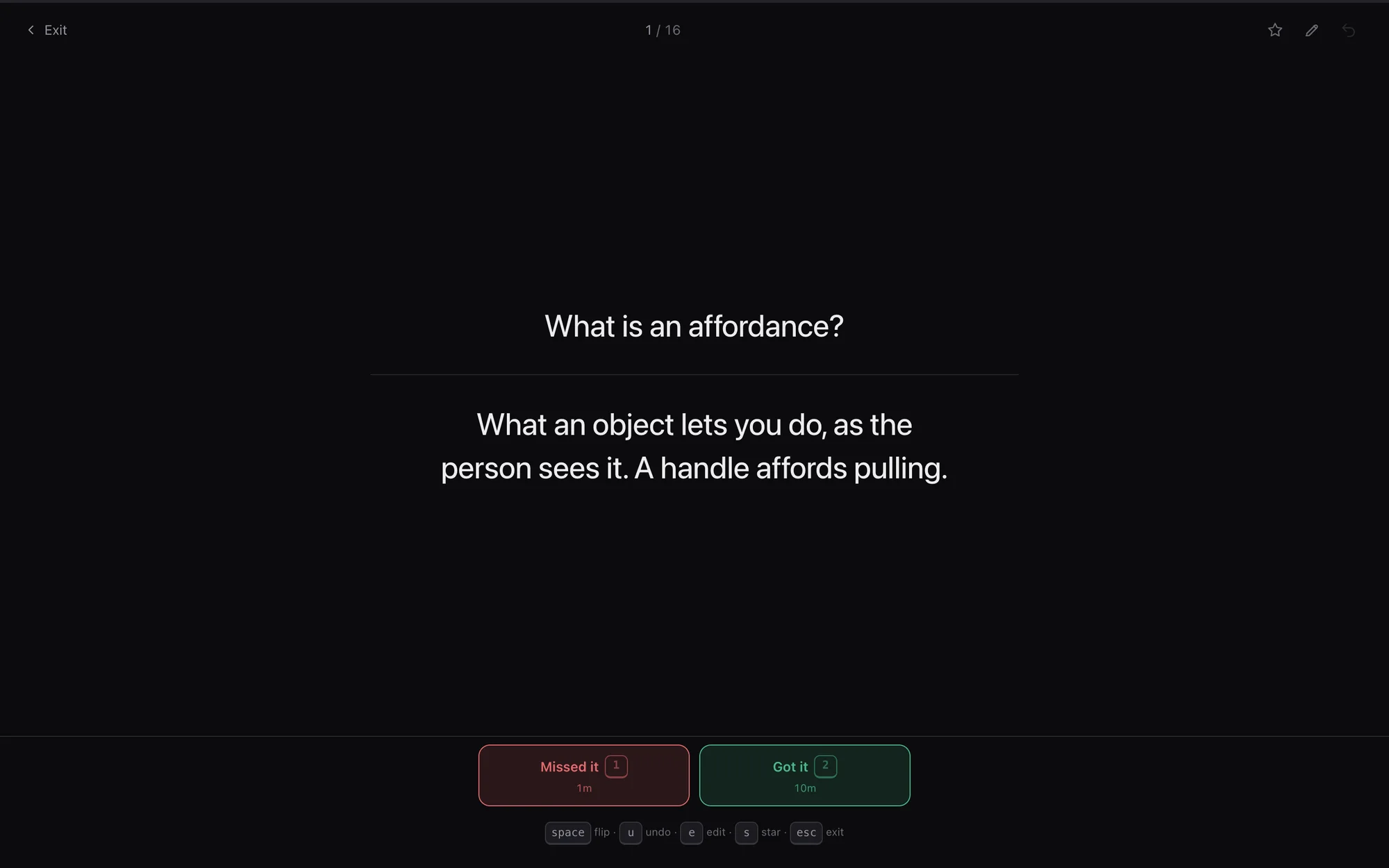 A flashcard flipped to its answer, with Missed it and Got it buttons