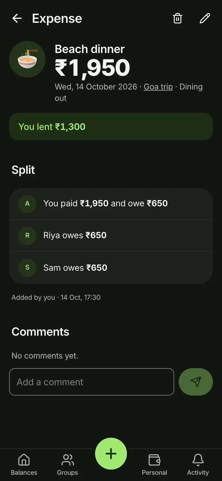 A ₹1,950 beach dinner split three ways